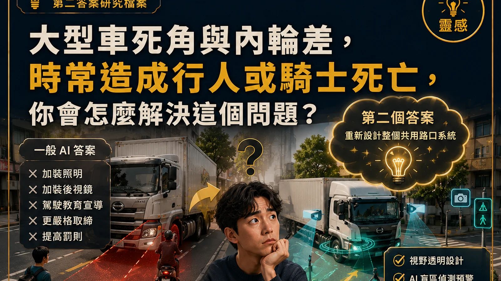 大型車轉彎前先把內輪差危險區顯示在路面，確認淨空後才取得轉彎許可的第二個答案