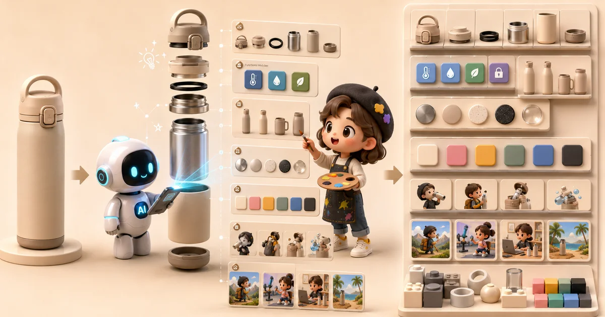 AI 小助手與畫家角色將普通產品拆解為握柄、外觀、功能、材質、使用情境與其他物件元素，再排列成可以重新組合的積木