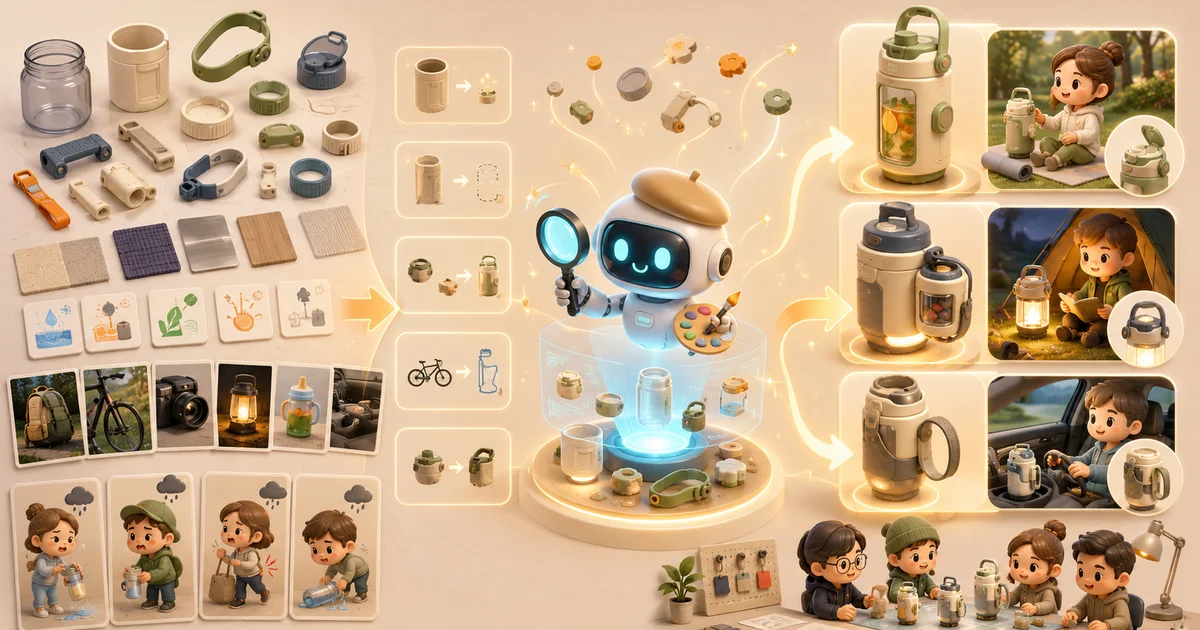 AI 小助手掃描產品零件、功能、使用情境與其他產業素材，套用放大、縮小、重組、借用與反轉等改變方式，產生新的產品亮點
