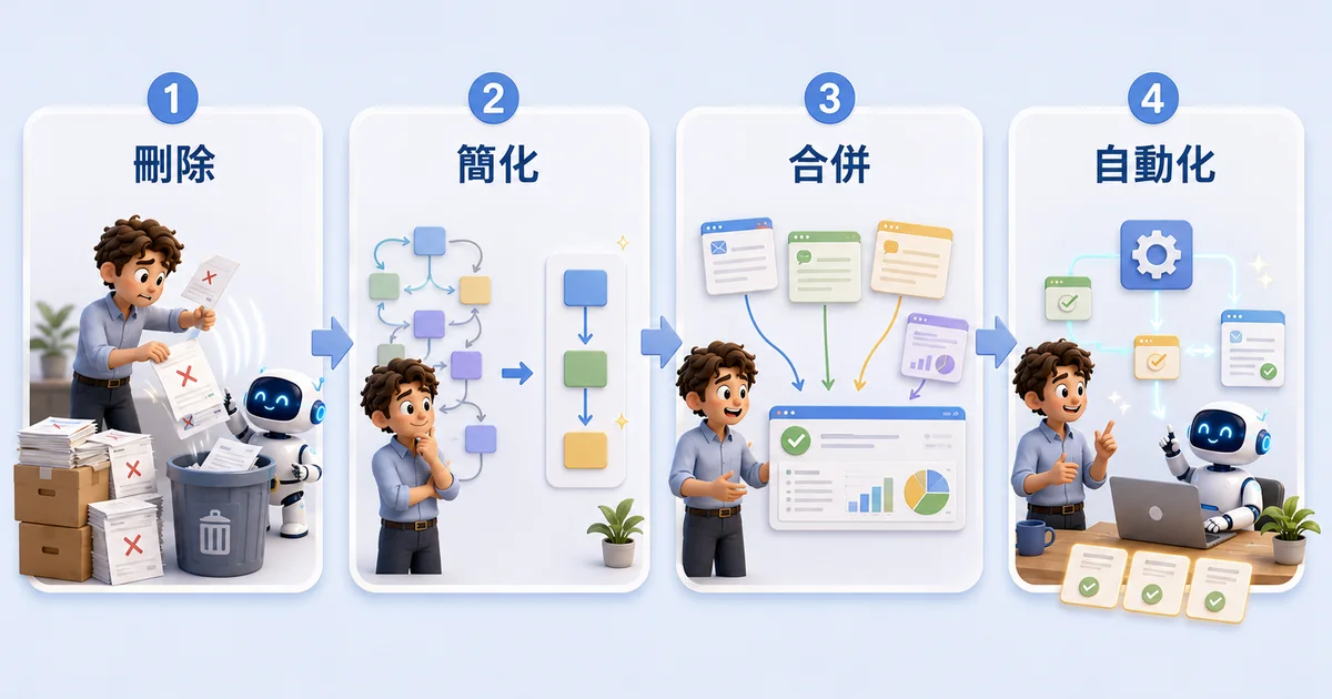 刪除、簡化、合併、自動化四個改變元素示意圖