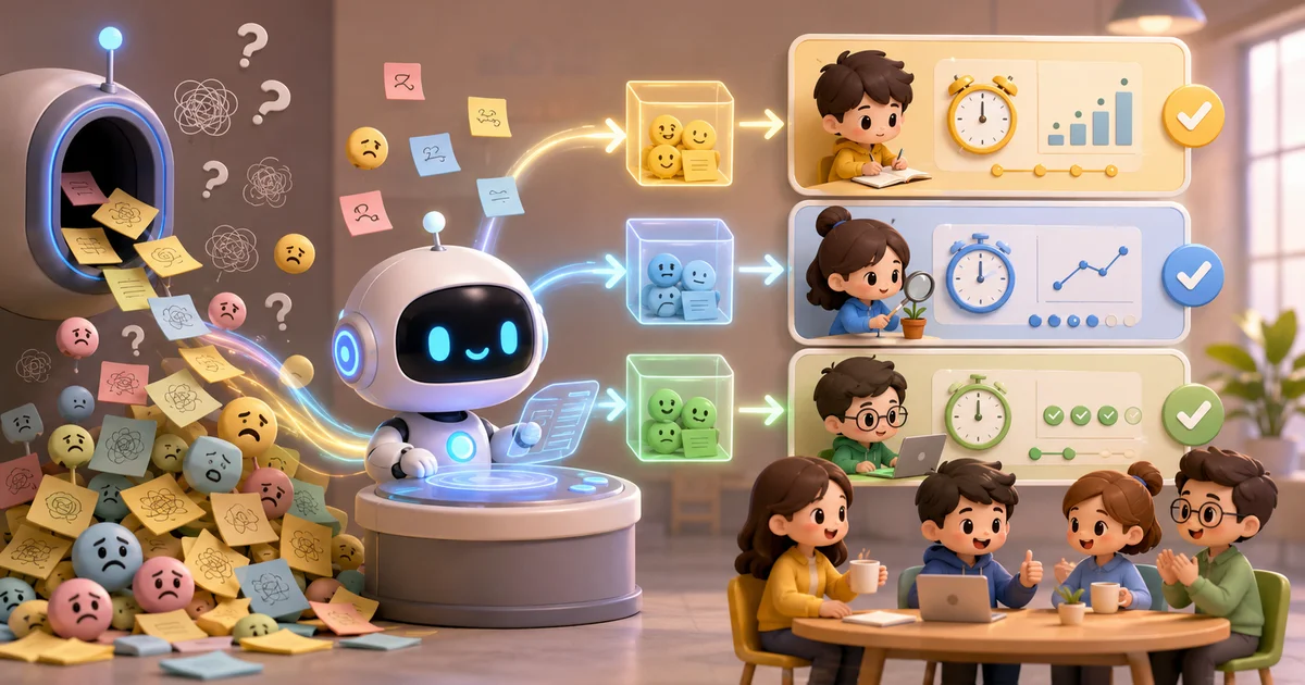 AI 小助手整理團隊匿名提出的擔憂與不成熟點子，轉換成清楚分類與可以在一至兩週內測試的小型行動