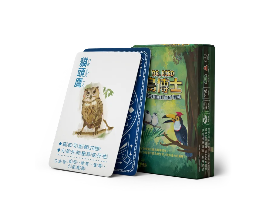 創新先生與文鶴出版共同開發的鳥博士教育桌遊，貓頭鷹知識卡上標示頭部可旋轉 270 度等鳥類特徵